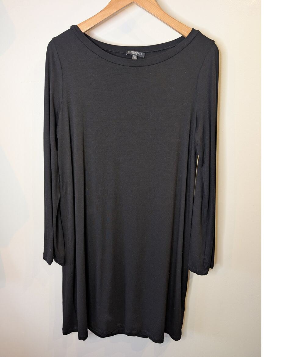 Eileen Fisher Petite Black Tencel 90s Minimalist Tunic Dress CBK Style PL